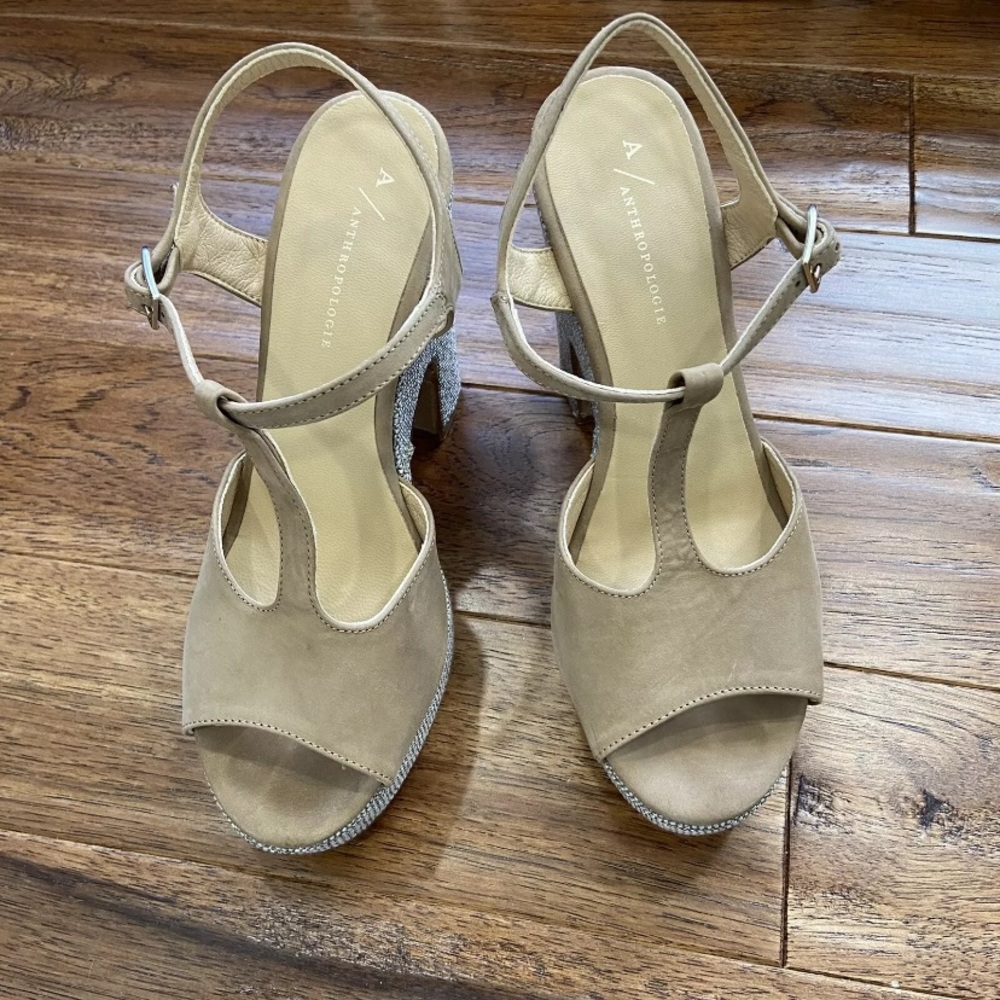 Anthropologie Glitz T Strap Platform Sandal Size 39